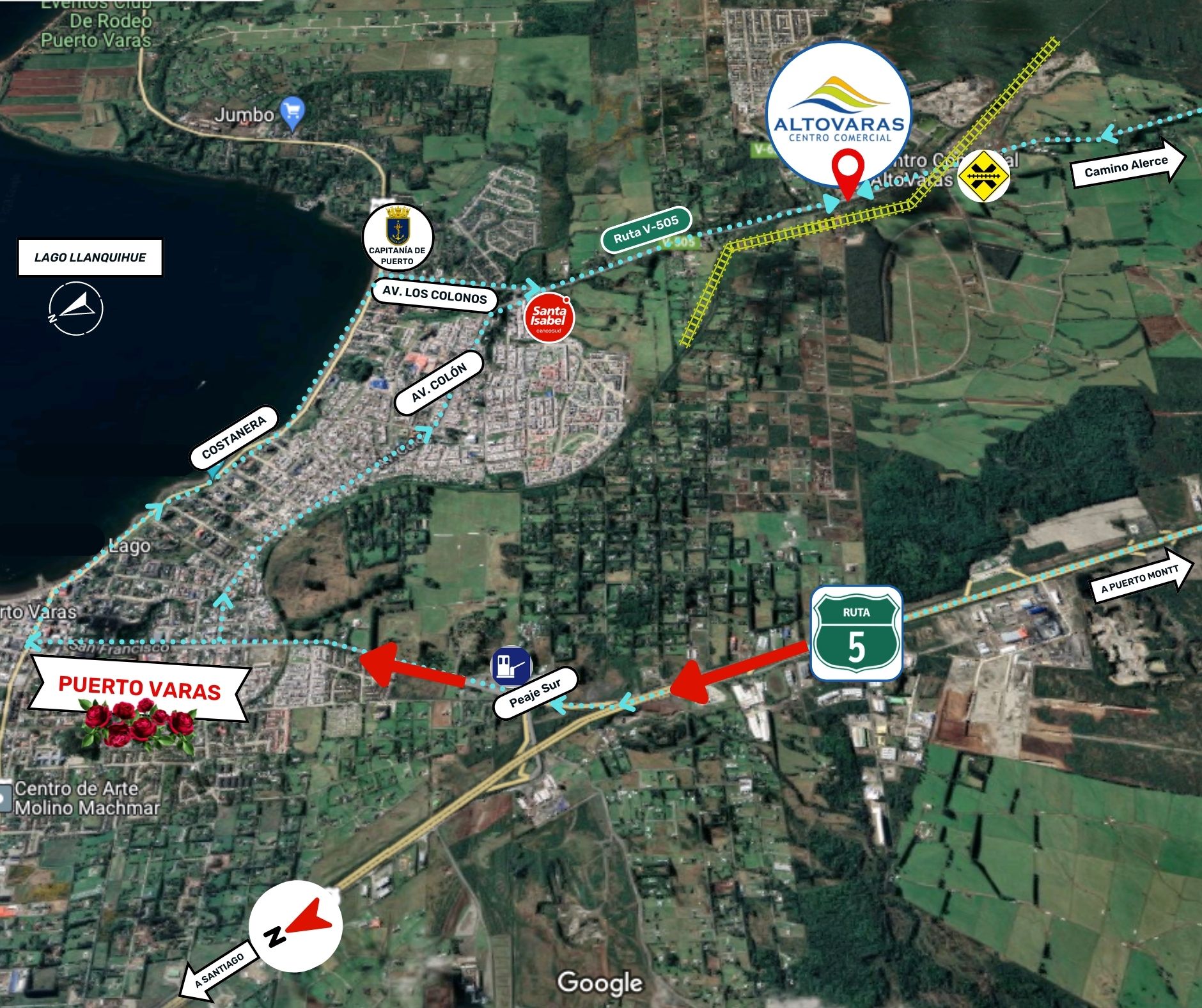 Mapa de acceso al Centro Comercial Alto Varas desde Puerto Varas, la Ruta 5 y el Camino Alerce